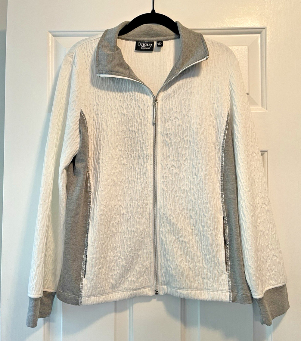 Onque Casual Jacket Womens M White And Grey Jersey Knit Full Zip Silver Trim